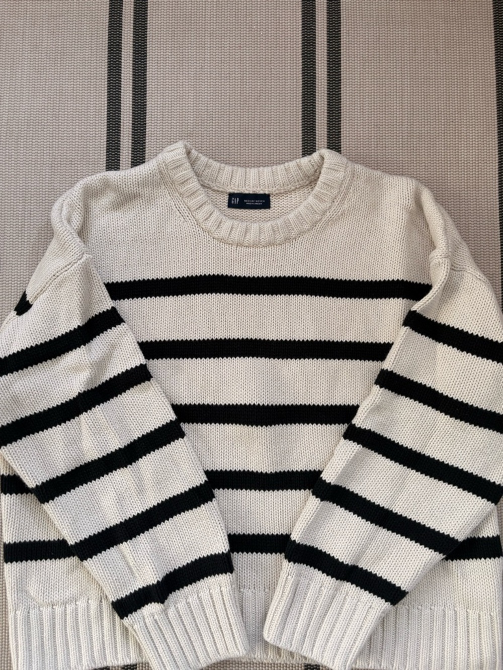 GAP women’s Cream and Black Striped Crewneck Sweater